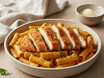 Crispy Chicken Cutlets with Rigatoni & Butternut Squash Sauce