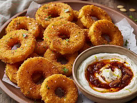 Fried Honeynut Squash Rings with Harissa Labneh