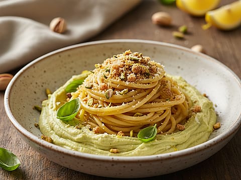 Lemon Spaghetti with Whipped Pistachio Ricotta