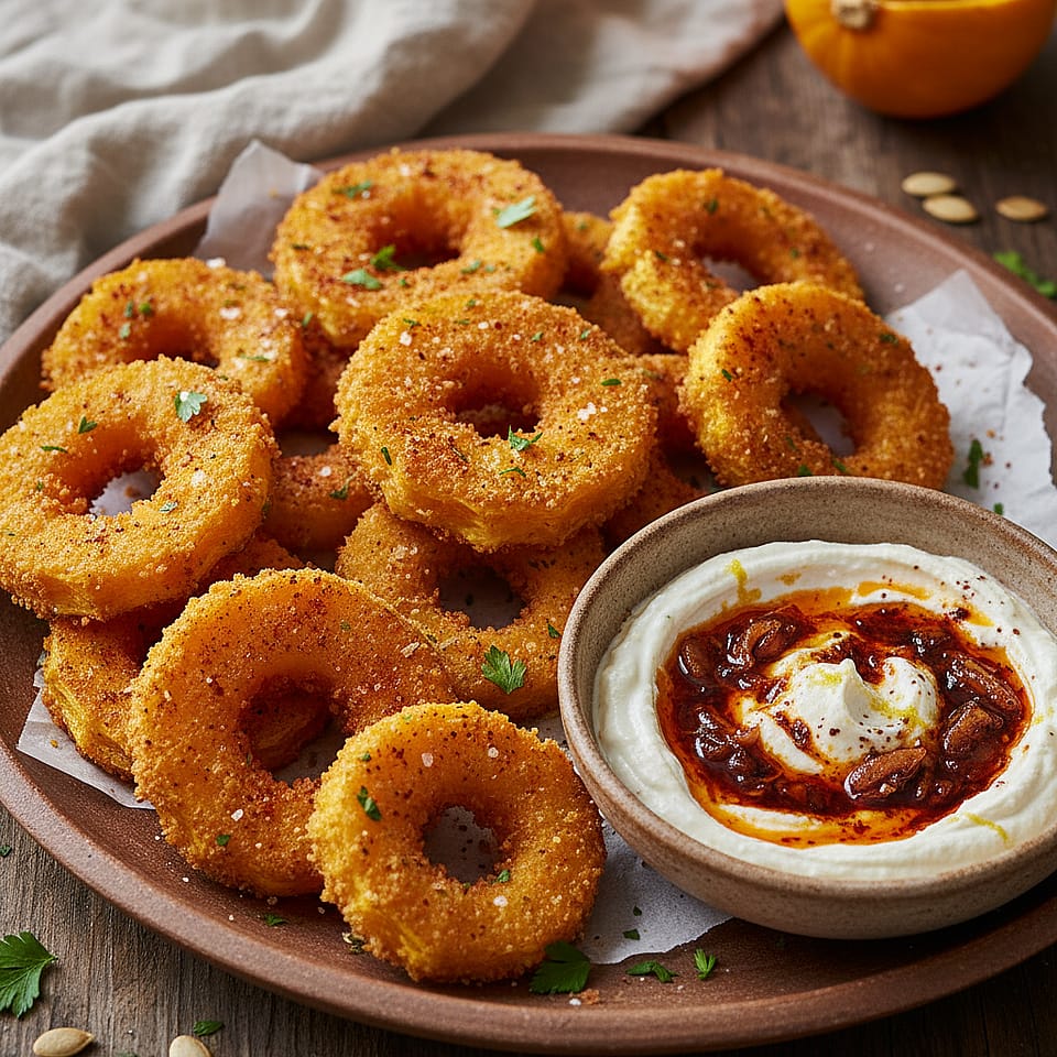 Fried Honeynut Squash Rings with Harissa Labneh