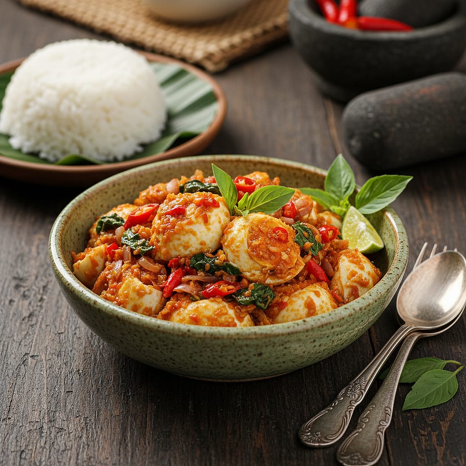 Telur Asin Geprek Sambel Kemangi (Smashed Salted Eggs with Lemon Basil Sambal)