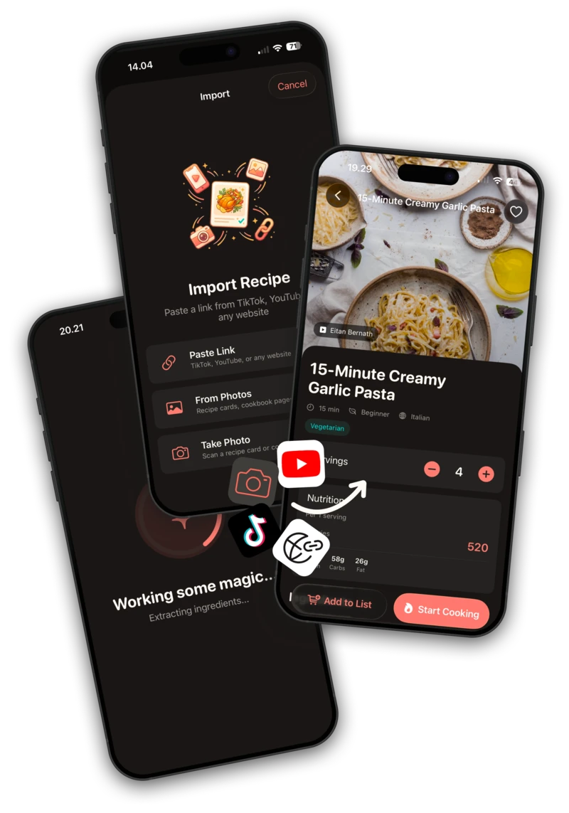 Garlic app screenshots showing recipe import, grocery list, and cooking mode